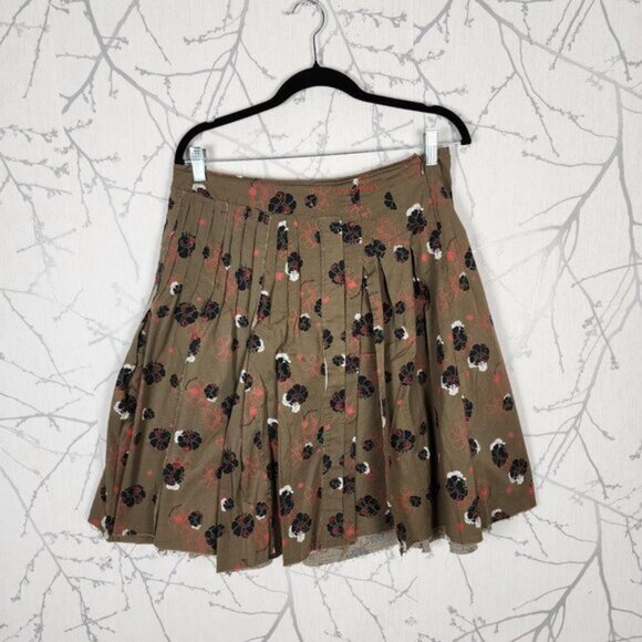 Skunkfunk Olive Green Floral Print Pleated Flowy Skirt Raw Hem Grunge - Picture 3 of 5